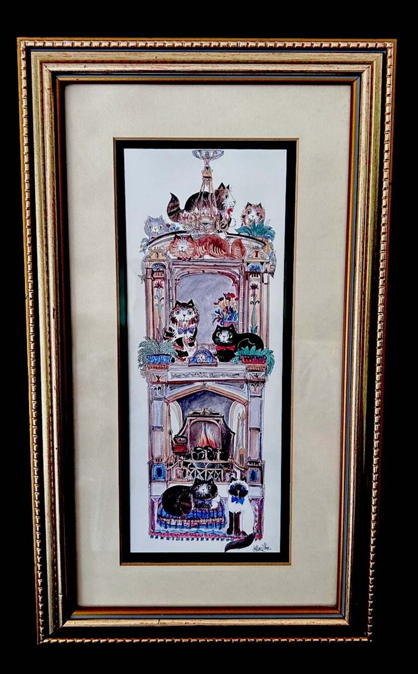 VINTAGE !!! Diane Elson PRINT "FIREPLACE" CATS in WOODEN FRAME Size: 13.5” X 8”